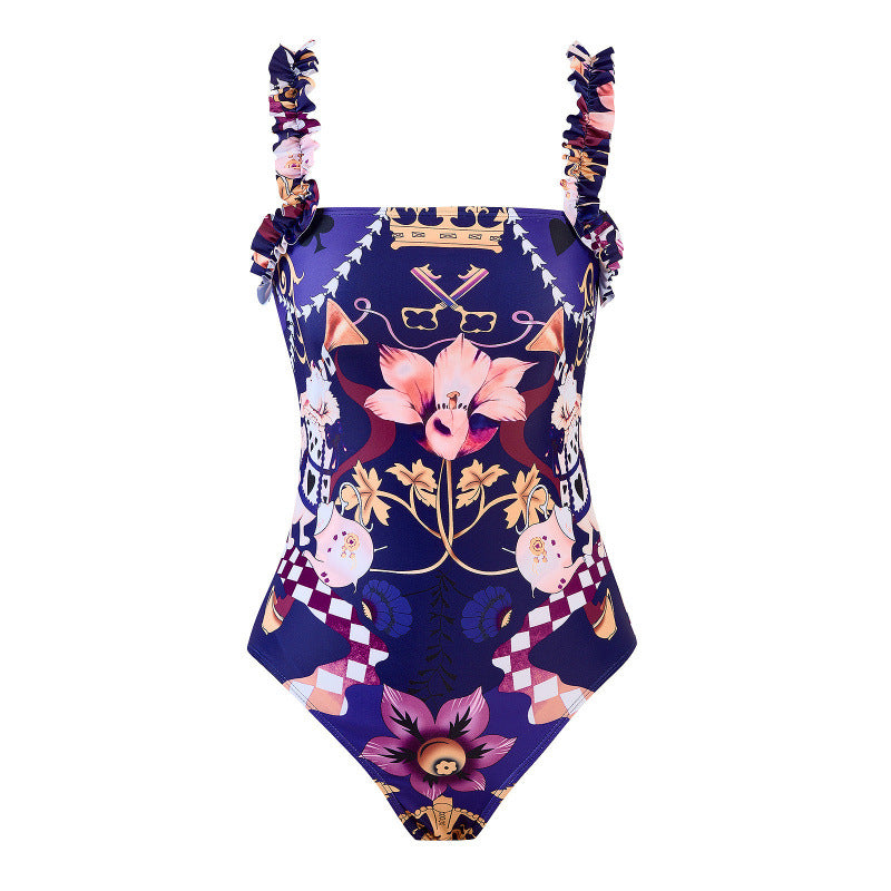 Dame one-piece bikini med legende blomsterdesign og matchende strandkjole Skovae