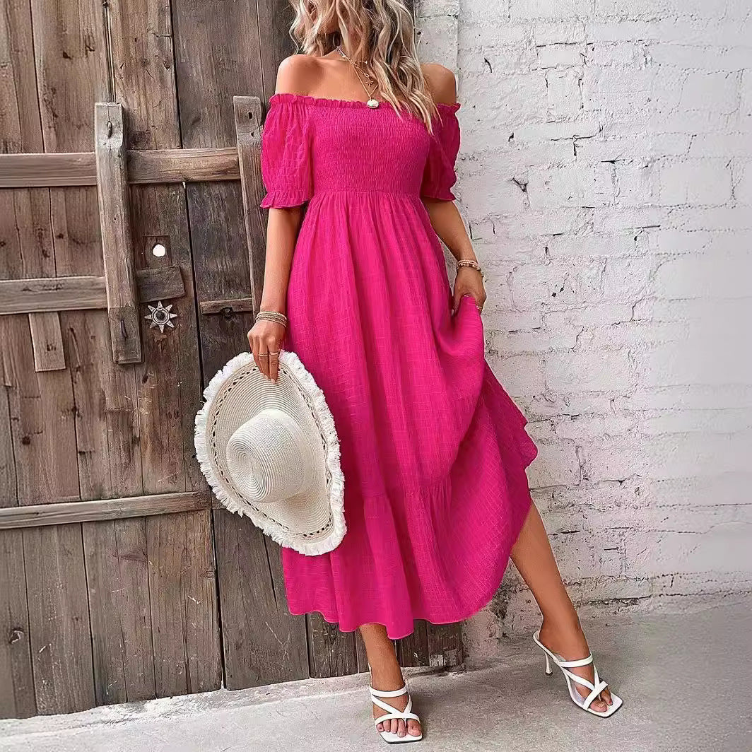 Dame Off-Shoulder Maxikjole med Ruffle-detaljer og elastisk talje Stilla