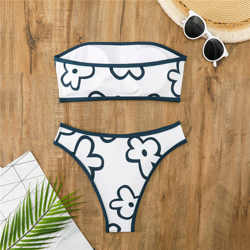 Dame bandeau-bikini med blomstermønster og høj skæring Skovae