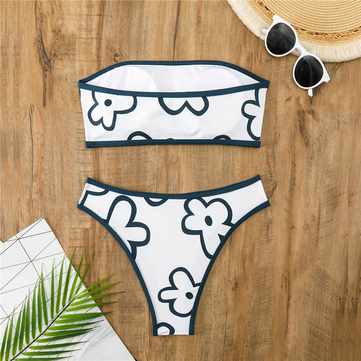 Dame bandeau-bikini med blomstermønster og høj skæring Skovae