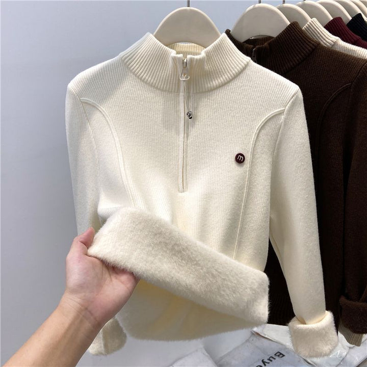 Kvinders strikket pullover med opretstående krave og lynlås Stilla