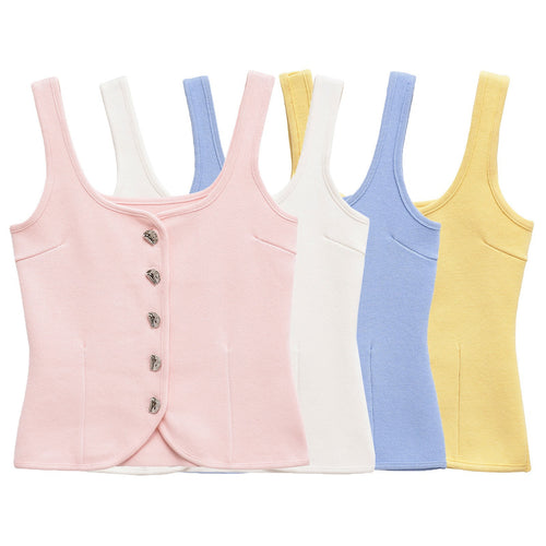 Femme Taljeret Kvadrat-Udskæring Knap-Op Crop Top Stilla