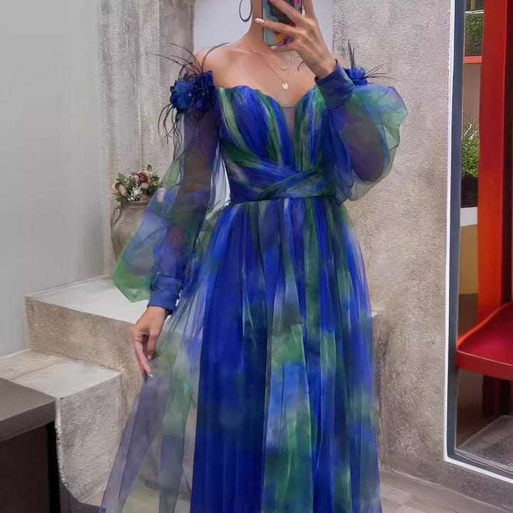 Kvinders Off-Shoulder Maxi Kjole med Blomsterdesign og Gennemsigtige Flæse Detaljer