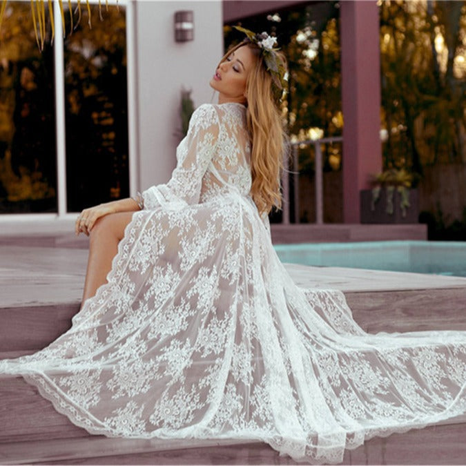 Dame Spids-Kimono-Robe med romantiske detaljer Stilla