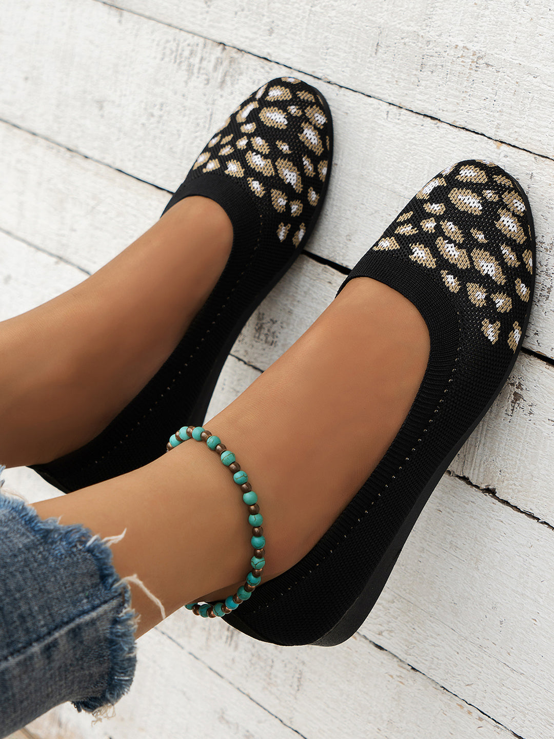 Dame ballerinas med fleksibelt strikkemateriale og moderne leopardmønster Stilla