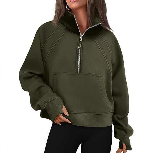 Dame Sporty Sweatpullover med halvdelskning og kængurulomme Stilla