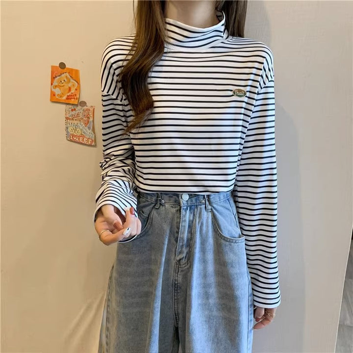 Femme Stribet Langærmet Mock-Neck-Top Stilla