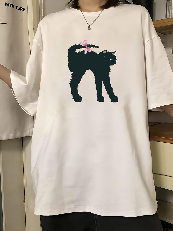 Dame T-shirt med kreativt kattemotiv og legesyg sløjfe Skovae