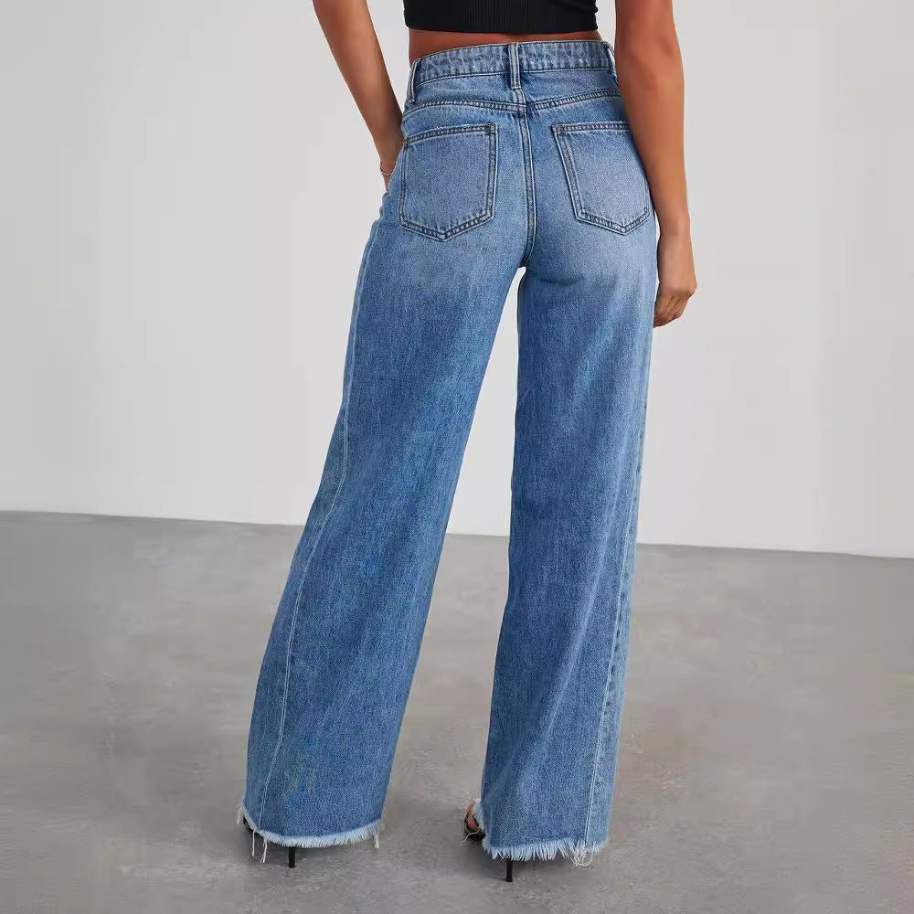 Dame Bredskårne jeans med frynset kant i vintage-stil Stilla