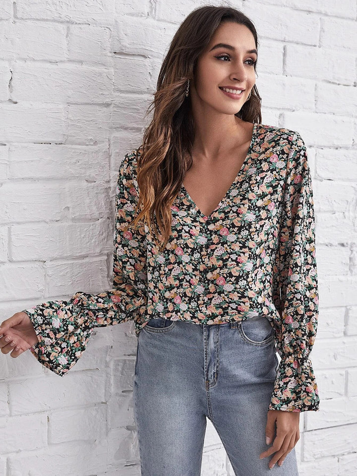 Dame blomster mønstret bluse med svingende ærmer Stilla
