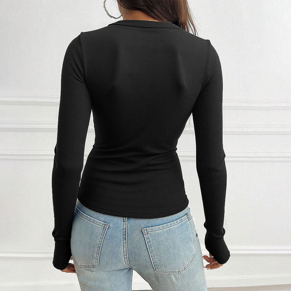 Kvinders Langærmet Skjorte med Fashionable V-Hals og Knap Design Stilla