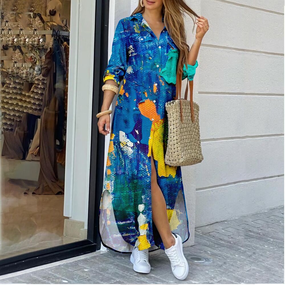 Dame maxikjole i moderne skjortebluse-stil med afslappede slidsdetaljer Stilla