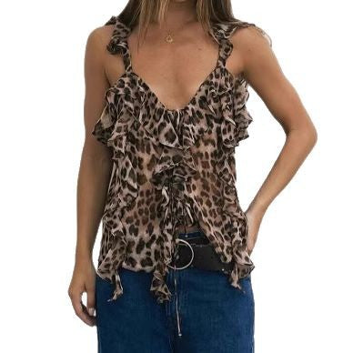 Dame top med flæsedetaljer og leopardmønster Stilla