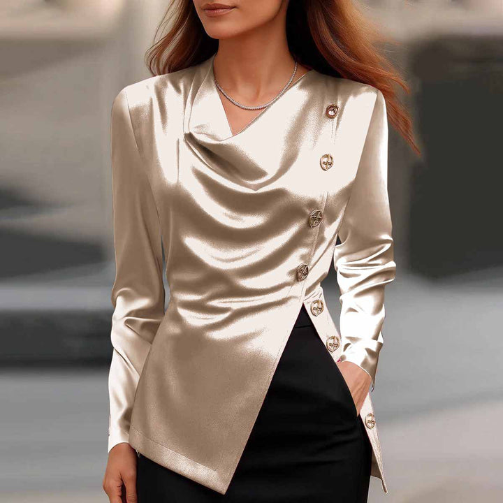 Dame Satin Cowl Neck Bluse med dekorative knapper Stilla