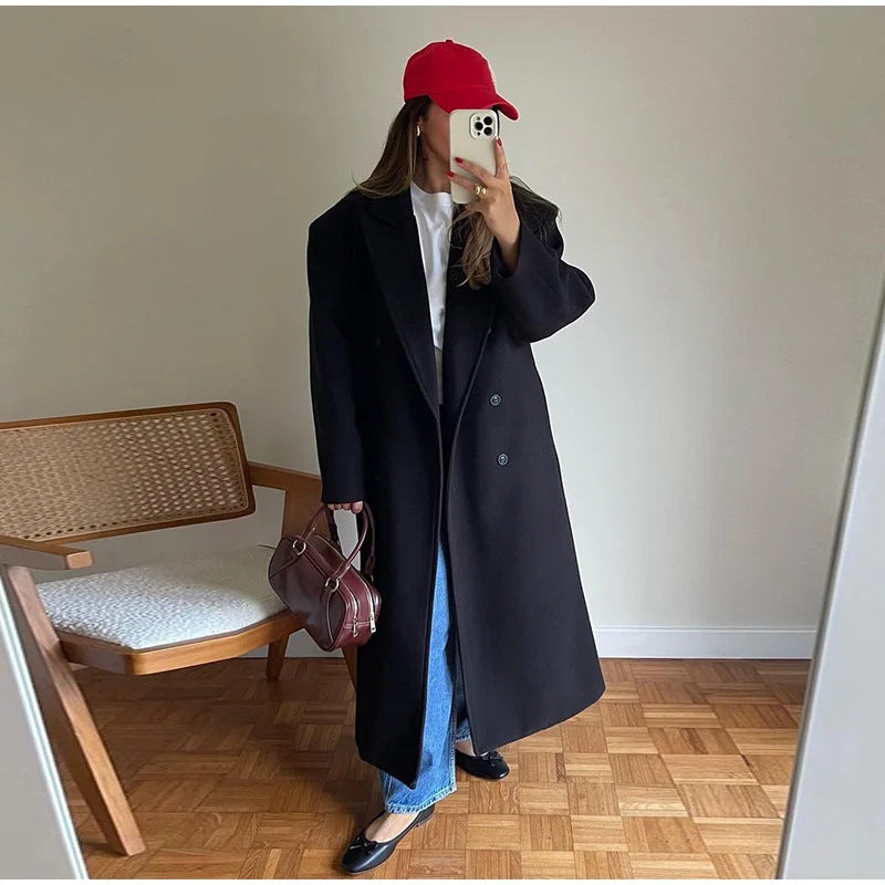 Dame Elegant Dobbeltbrystet Uld Frakke Stilla