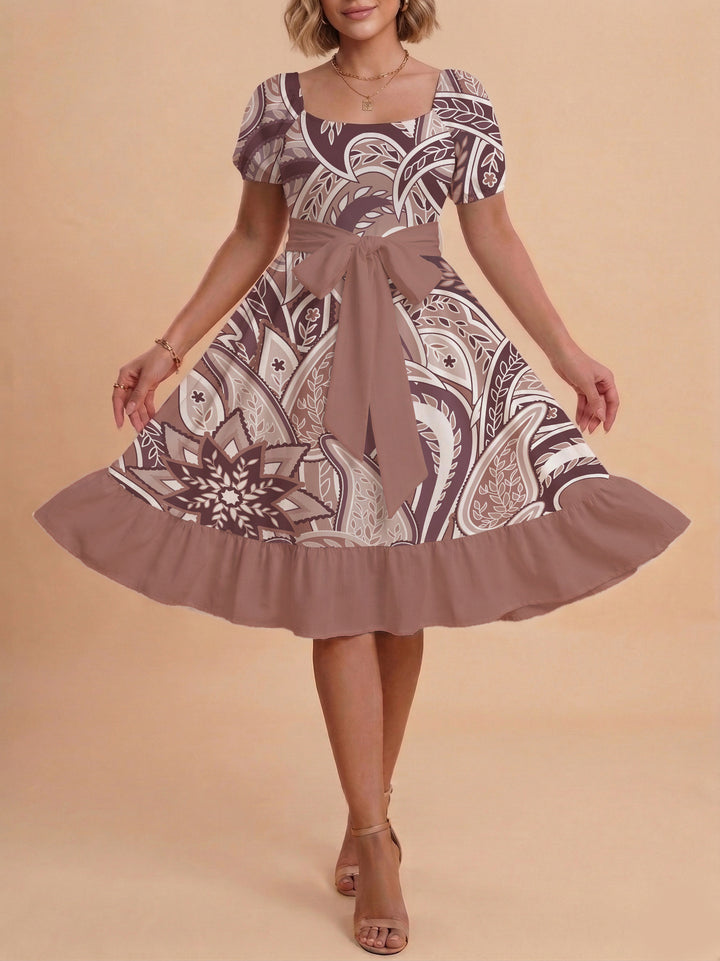 Damer moderne blomsterkjole med elegant taljebælte og asymmetrisk kant Skovae