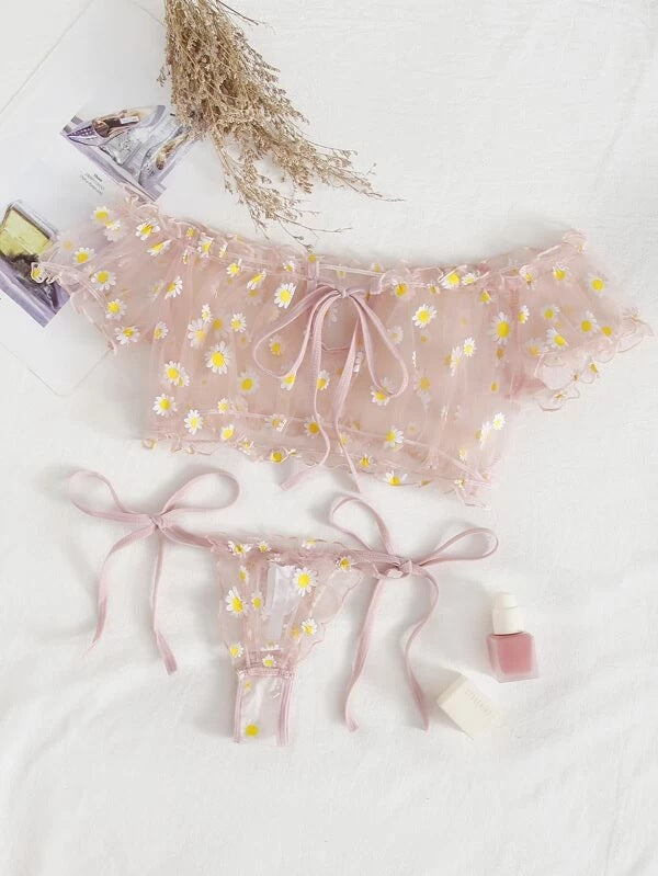 Dame Floral Broderet Crop-Top og Cheeky Brief-Sæt Stilla