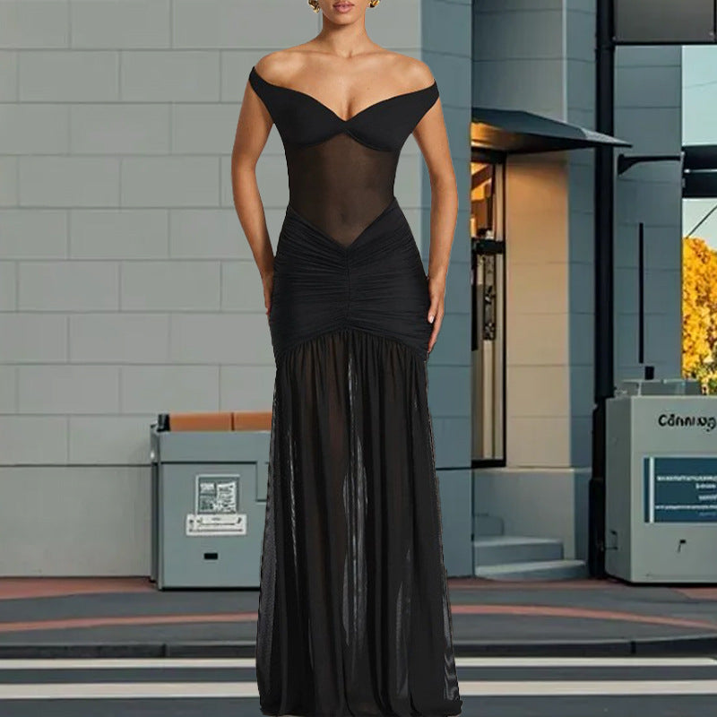 Dame Off-Shoulder Aftenkjole med høj slidser og elegant rynkning Stilla