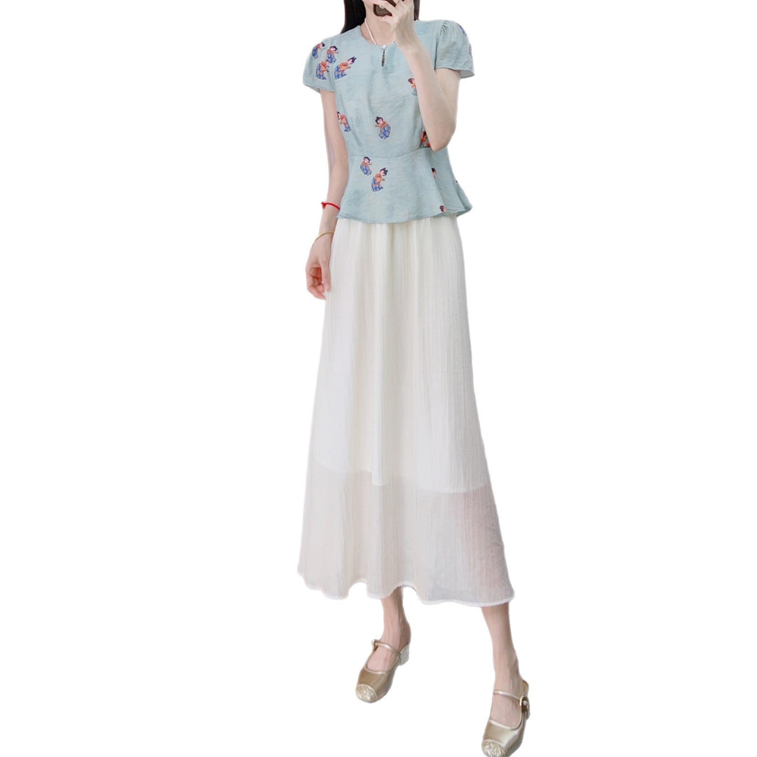 Dame Fashion Bluse med Puffærmer og farverigttryk Stilla