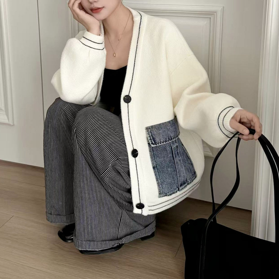 Dame mode cardigan med denim detaljer Stilla