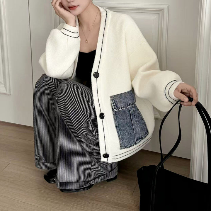 Dame mode cardigan med denim detaljer Stilla