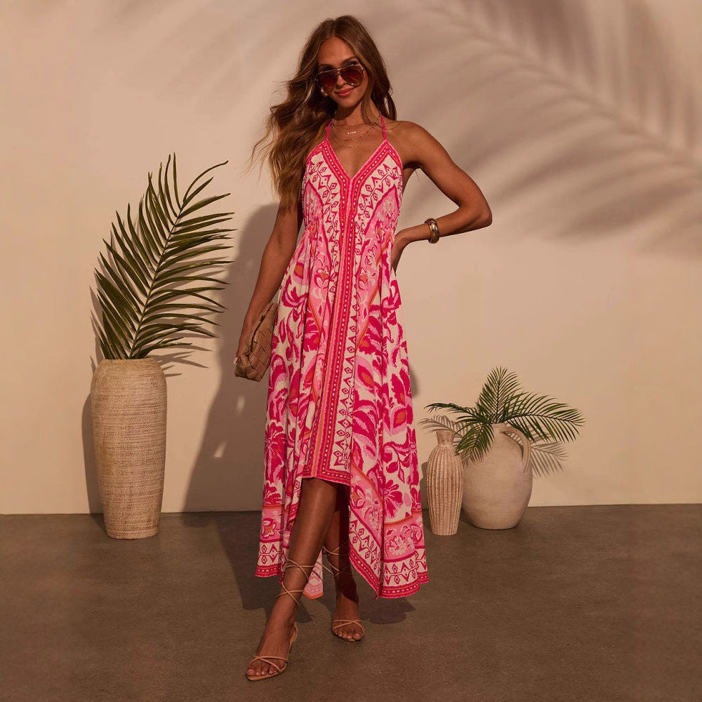 Kvindernes boho-inspirerede maxi kjole med elegant V-hals og asymmetrisk kant Stilla