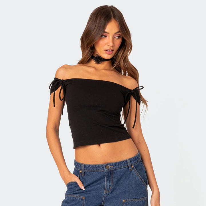 Dame top med off-shoulder-design og bindebånd Skovae