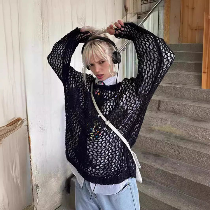 Kvinders luftige strikket sweater med åben mesh design Stilla