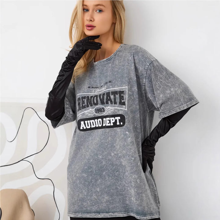 Dame Oversized T-shirt med afslappet vintage-print og urban skrift Stilla