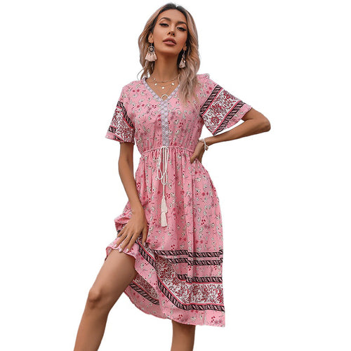 Dame Casual Bohemian Midikjole med Kvasterbindedetalje Stilla