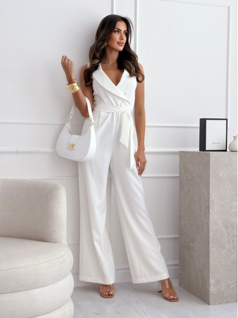 Dame elegant jumpsuit med omslag design og bredt ben Stilla