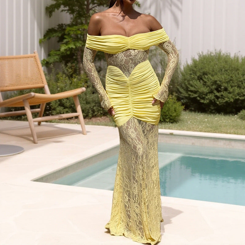 Dame Elegant off-the-shoulder maxikjole med rynket design og lange ærmer Skovae