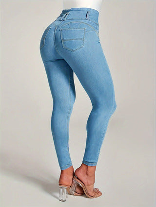 Dame højtaljede skinny jeans med moderne knaplukning og strækbar pasform Stilla