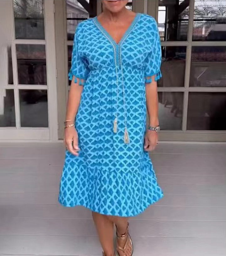 Dame nan casual midi kjole i kaftan stil med V-halsudskæring, kvaster bånd, rynket empire søm og frynseærmer Skovae