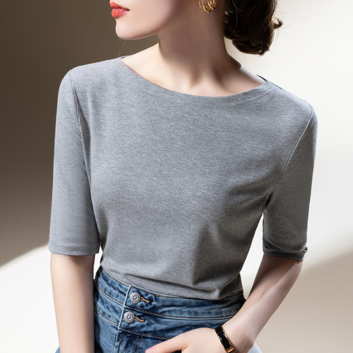 Dame Kortærmet Rib-T-shirt med elegant Rund halsudskæring og figursyet pasform Stilla