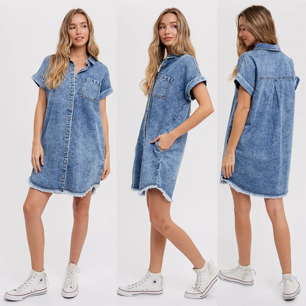 Dame Denim Skjortekjole med afslappet snit og praktiske lommer Stilla