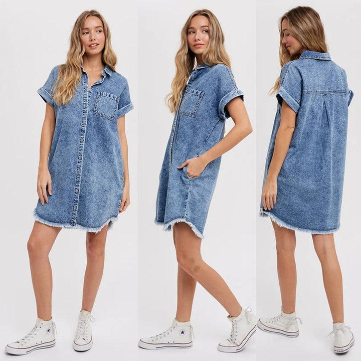 Dame Denim Skjortekjole med afslappet snit og praktiske lommer Stilla