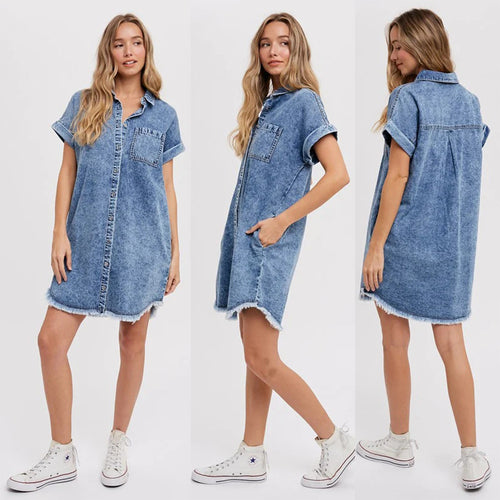Dame Denim Skjortekjole med afslappet snit og praktiske lommer Stilla