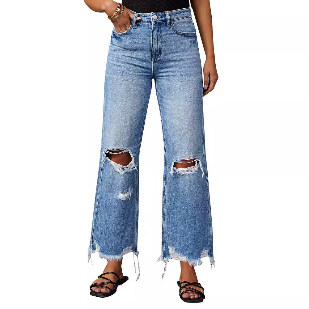 Dame Flared Jeans med modische Ripped-detaljer og frynset kant Stilla