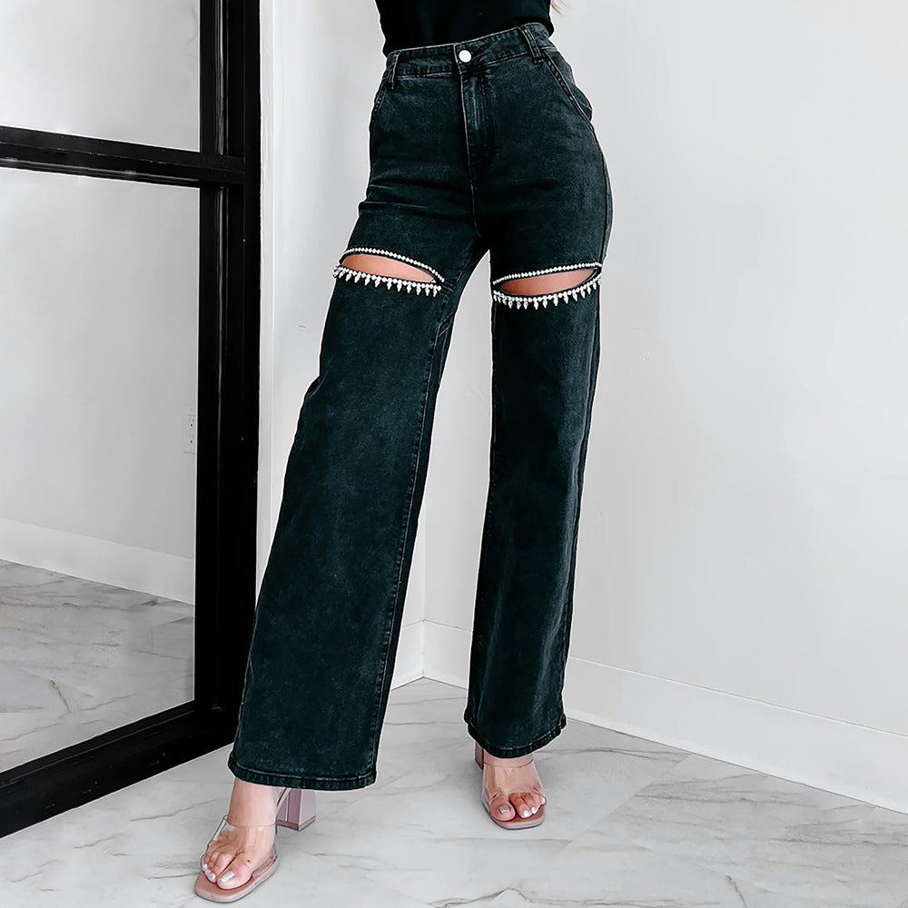 Dame Modejeans med cut-outs og pyntet kant Stilla