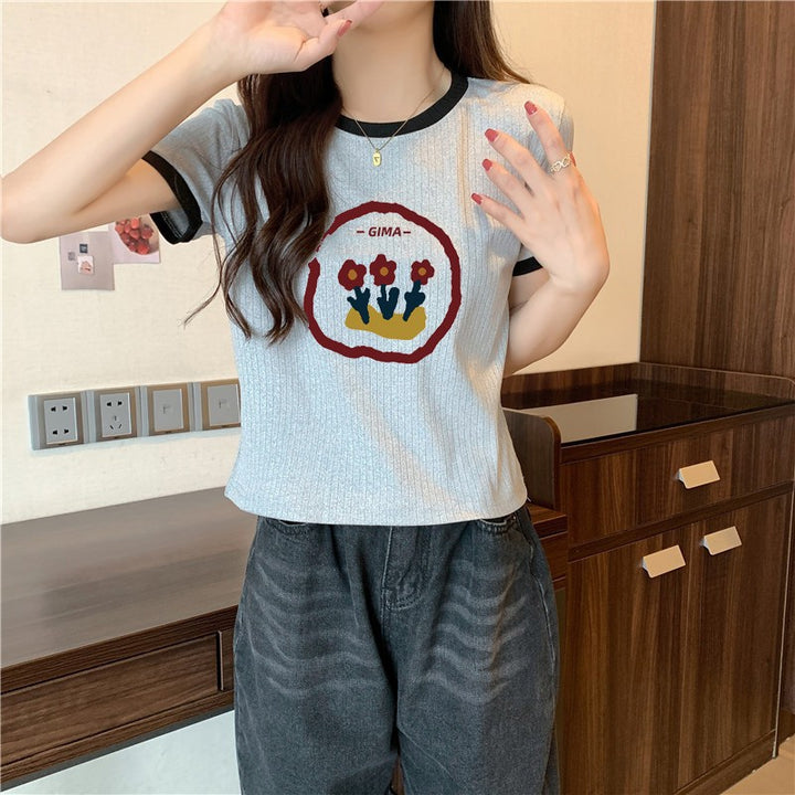 Femme Trendy Blomst Udsmykket Rib T-Shirt Stilla