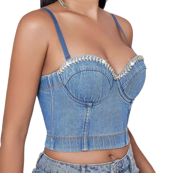 Dame figursyet Denim-Crop-Top med strassbesat Bustier-design Stilla