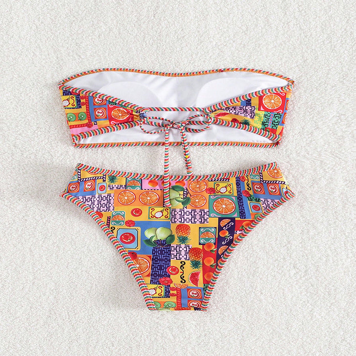 Dame bandeau bikini med frugtagtig design og kontrasterende kanter Skovae