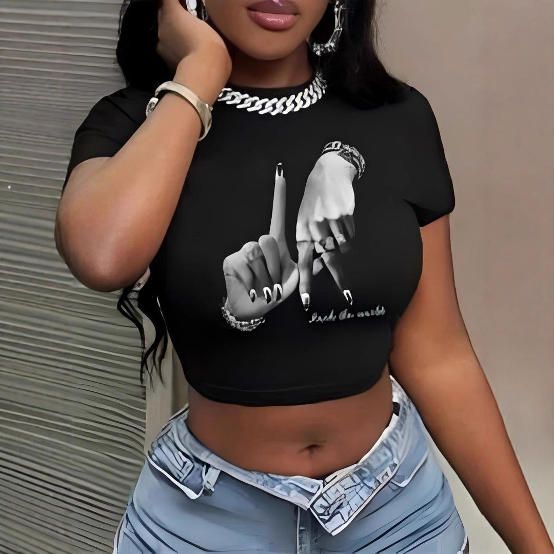 Dame Crop-Top med kunstnerisk statement-tryk Skovae
