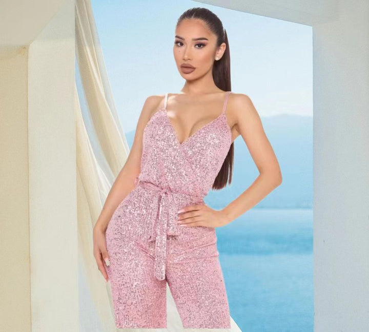 Dame jumpsuit med funkende paletter og dyb V-udskæring Stilla