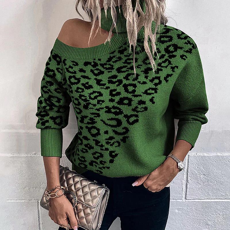 Damepullover med moderne leopardmønster og off-shoulder design Stilla