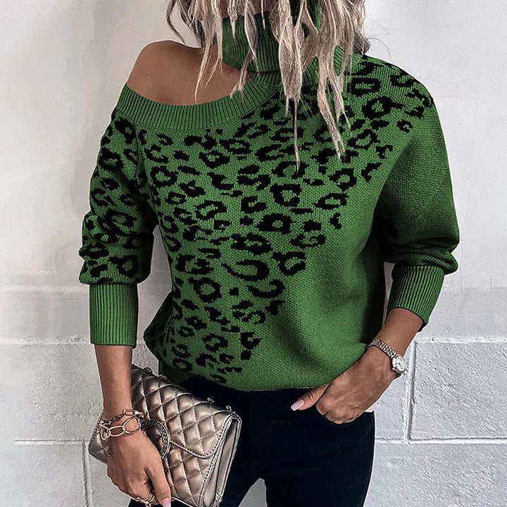 Damepullover med moderne leopardmønster og off-shoulder design Stilla