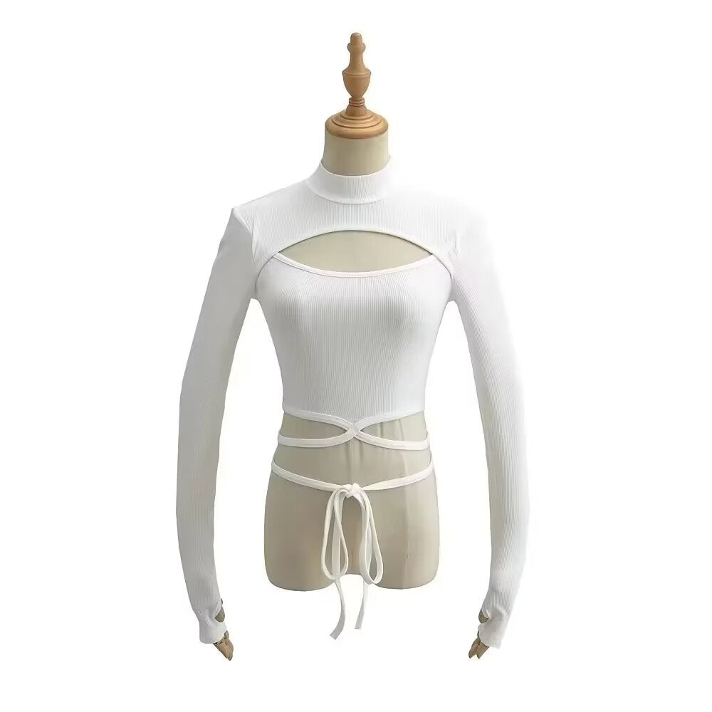 Dame crop langærmet top med fashionable bindebælte og raffinerede cut-out detaljer Stilla