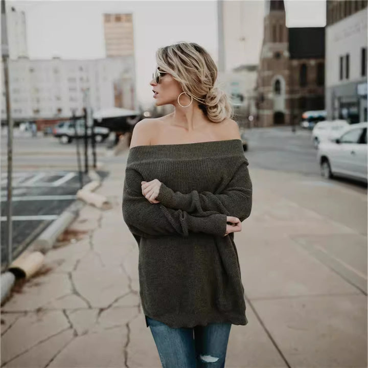 Damer afslappet off-shoulder strikpullover med løs pasform og stribet design Stilla