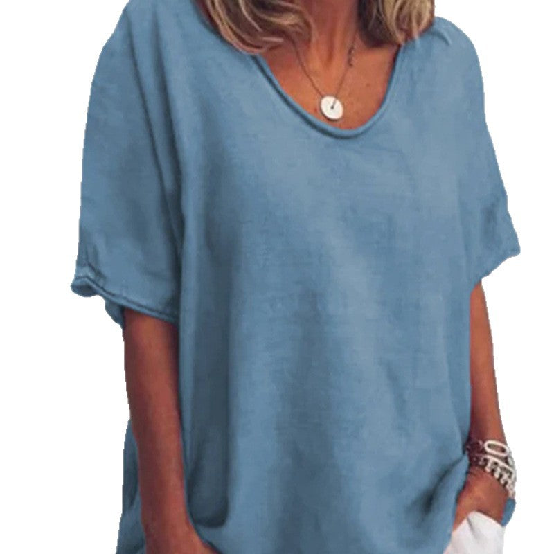 Dame med bredskåret linnedmix-Relaxshirt med rund halsudskæring, overskåret ærmer og sideliringer Skovae